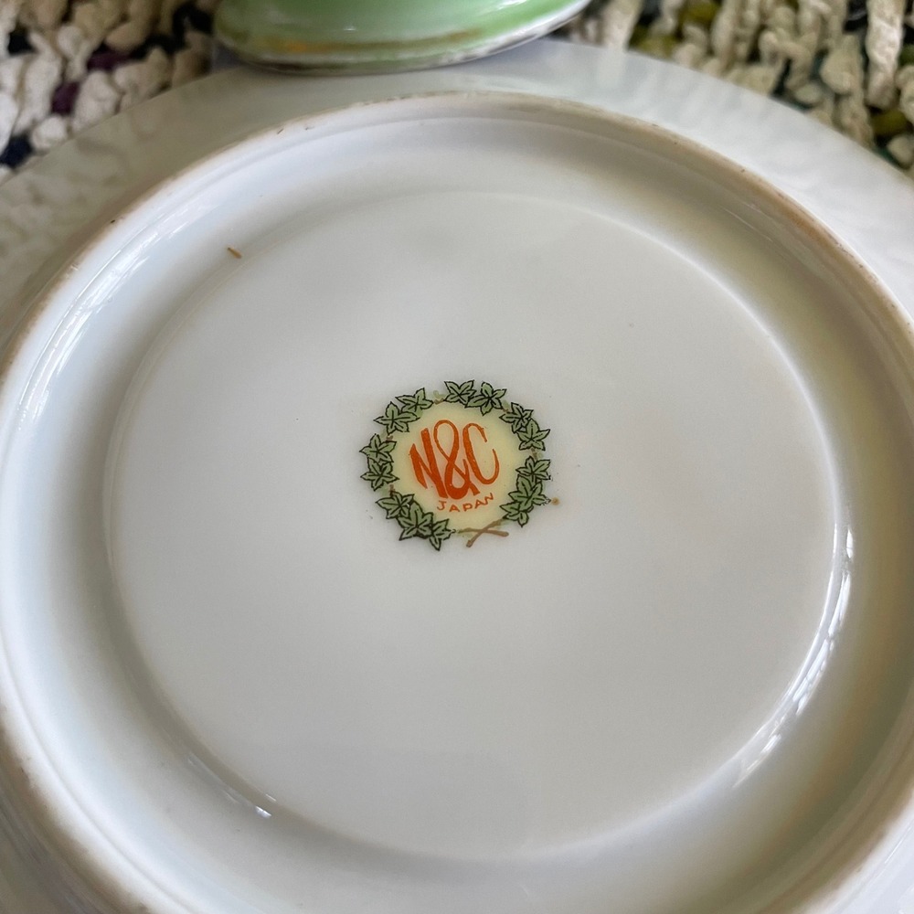 Vintage N&C Japan Green Floral Trellis Porcelain Teacup and Saucer Set - Picture 5 of 11